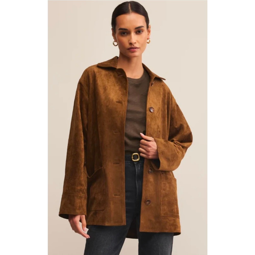 Z Supply Faux Suede Chore Jacket Tobacco Brown Button Front XS